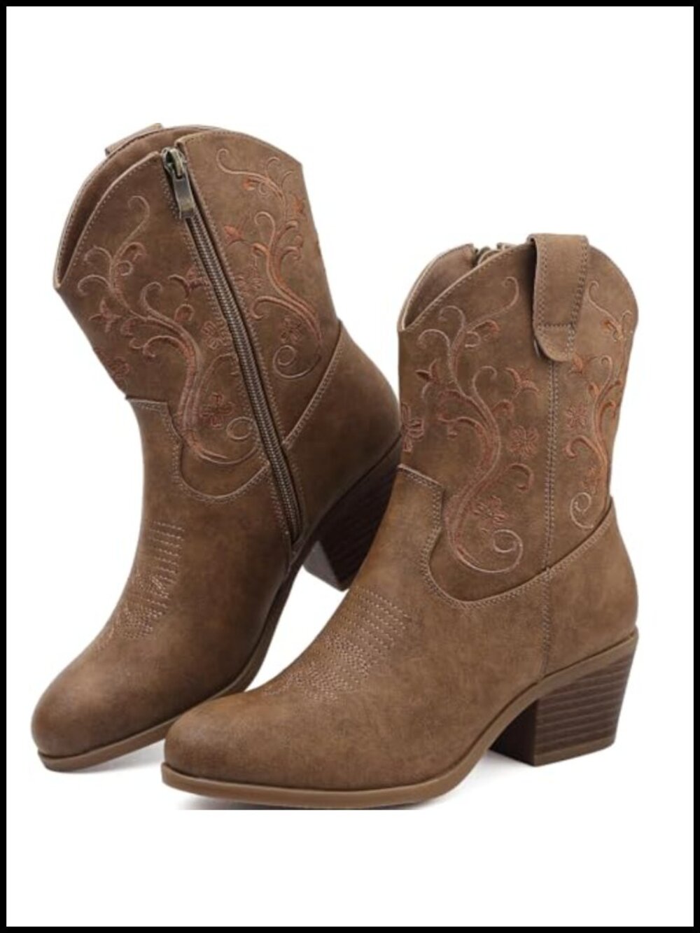Short Shaft Side Zip Embroidered Cowboy Boots Faux Leather